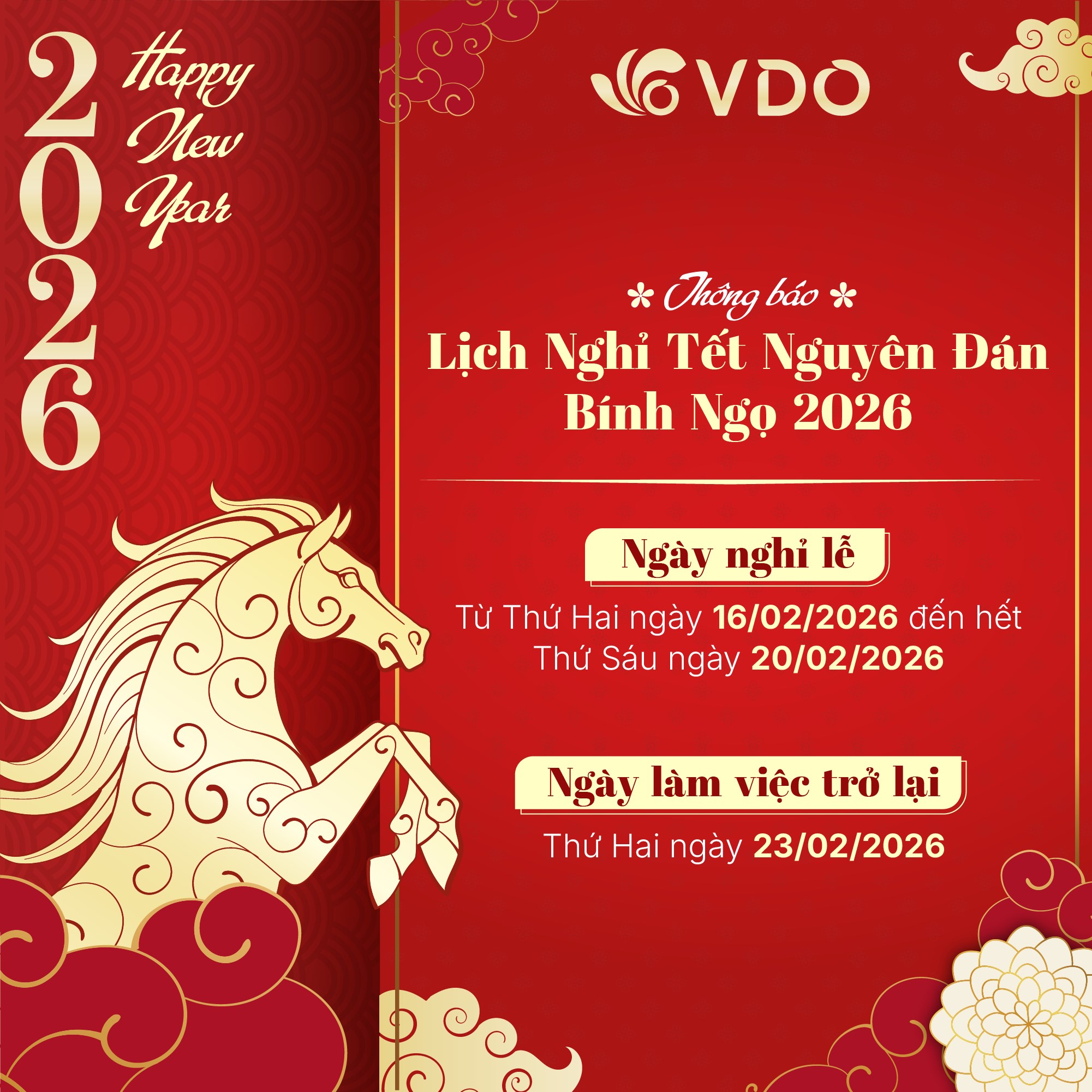 VDO thông báo lịch nghỉ Tết Nguyên đán Bính Ngọ 2026